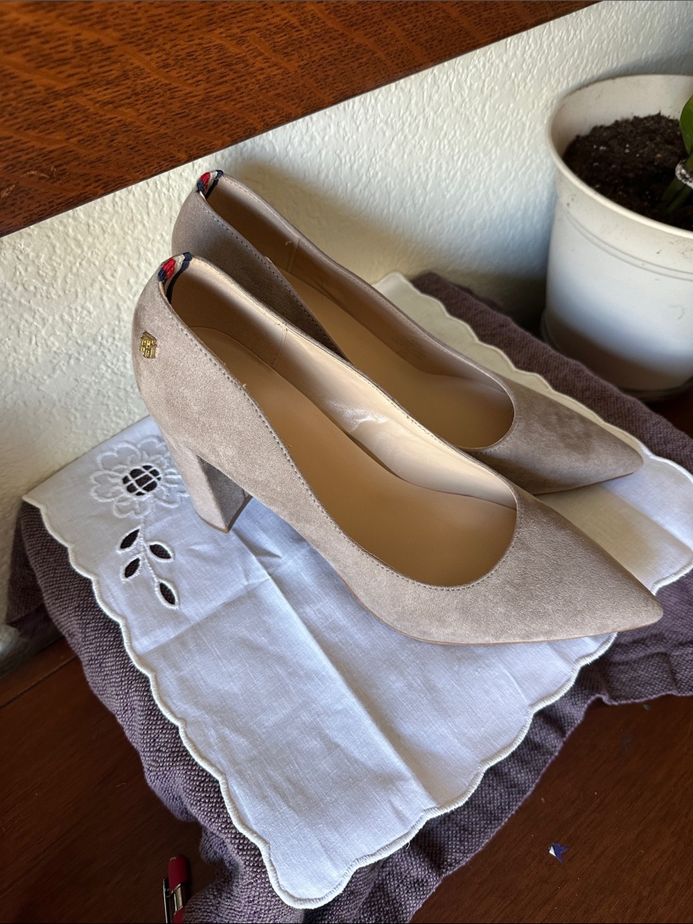 Tommy Hilfiger Taupe Suede Pointed Block Heel Pumps